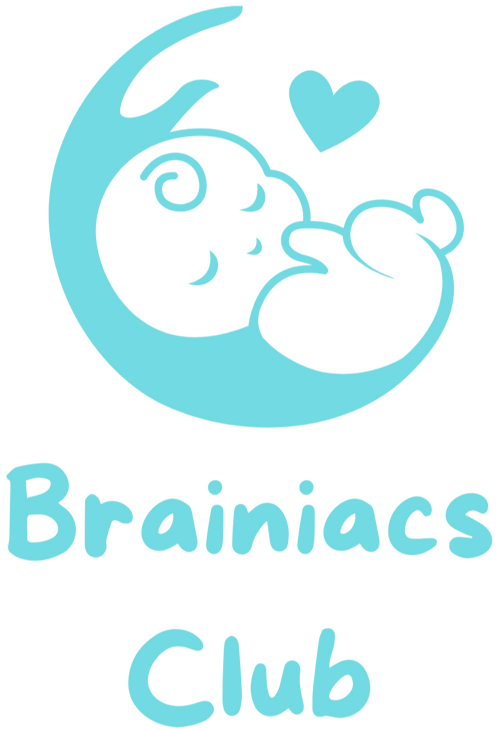 Logo of Brainiacs Club with a baby and moon design on a white background